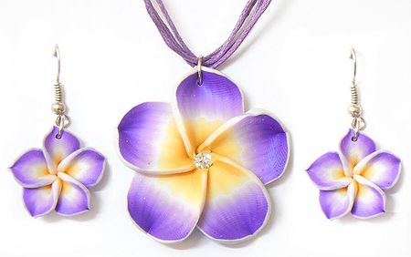 Purple Flower Pendant in Thread Cord with Earrings
