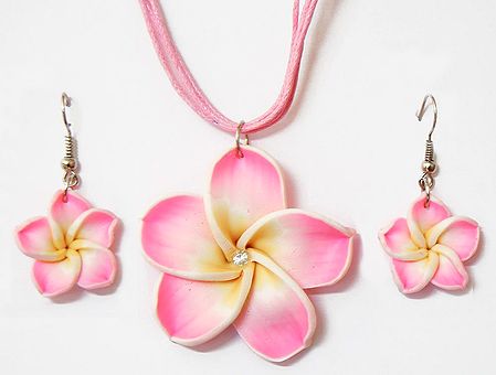 Pink Flower Pendant in Thread Cord with Earrings