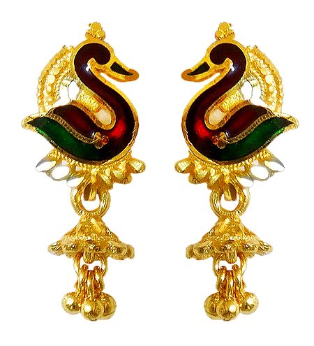 Green with Red Laquered Gold Plated Metal Earrings