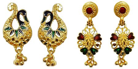 Set of 2 Pairs Gold Plated Peacock Stud and Dangle Earrings