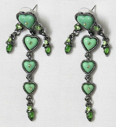 Green Stone Studded Heart Earrings
