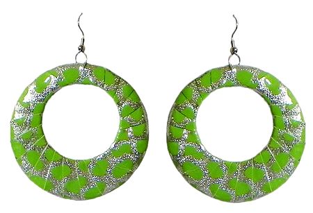 Green with Silver Cloth Wrapped Metal Hoop Earrings