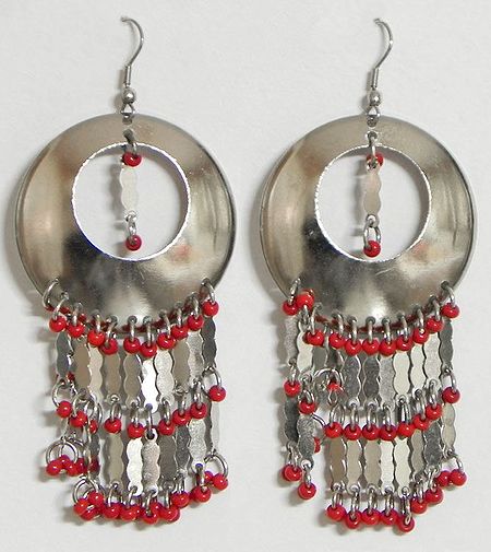 Metal Hoop Earrings with Red Beads