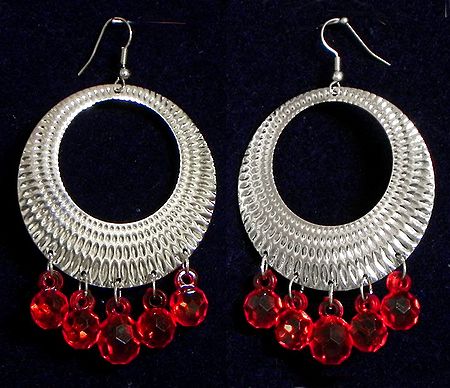 Metal Disc Earrings with Red Beads