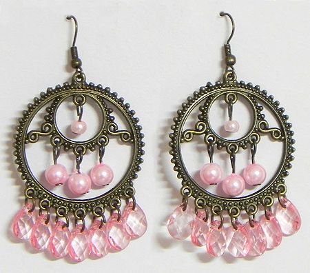 Oxidised Metal Hoop Earrings with Pink Beads