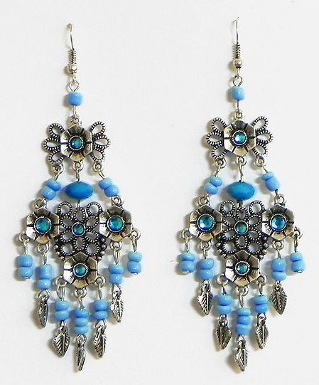 Blue Beaded Oxidised Metal Earrings