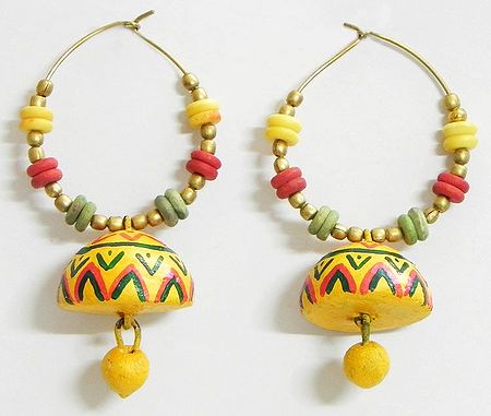 Pair of Hand Painted Green with Red Design on Yellow Terracotta Ring with Jhumka Earrings