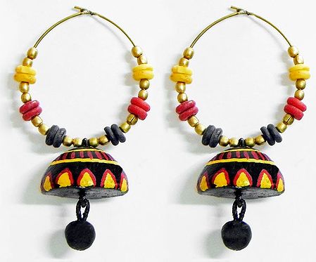 Pair of Hand Painted Yellow with Red Design on Black Terracotta Ring with Jhumka Earrings