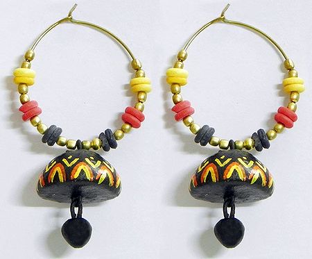 Pair of Hand Painted Yellow with Red Design on Black Terracotta Ring with Jhumka Earrings