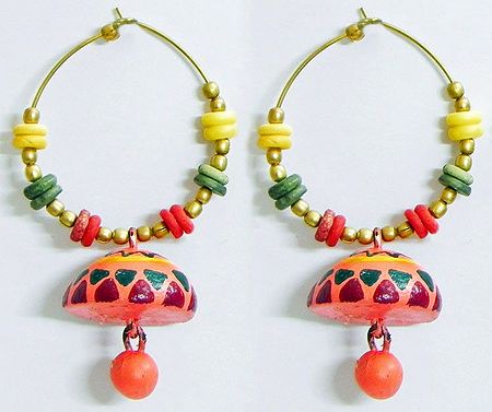 Pair of Hand Painted Green with Red Design on Saffron Terracotta Ring with Jhumka Earrings