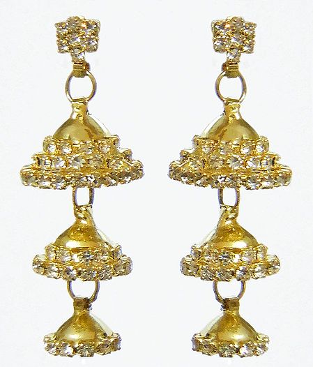 Pair of Gold Plated and Stone Studded Three Layer Jhumka Earrings