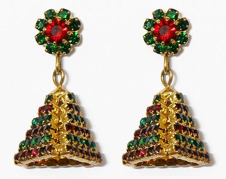 Pair of Faux Garnet and Emerald Studded Jhumka Earrings