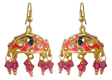 Stone Studded Pink with Green Jhumka Lac Earrings