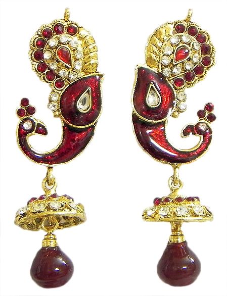 Gold Plated and Stone Studded Laquered Peacock Jhumka Earrings