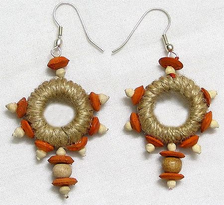 Jute Earrings with White and Orange Wooden Beads