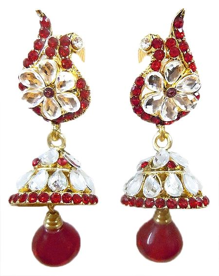 Red Stone Studded Peacock with Kundan Jhumka Earrings