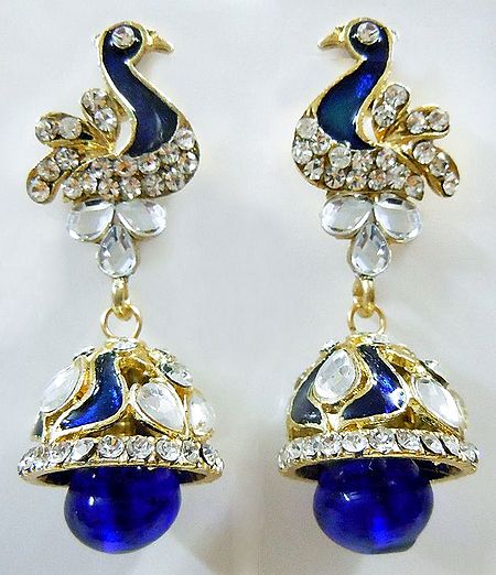 White Stone Studded Blue Laquered Peacock with Kundan Jhumka Earrings