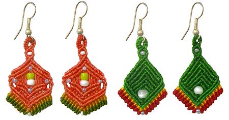2 Pairs of Saffron and Green Thread Earrings with Macrame Knot