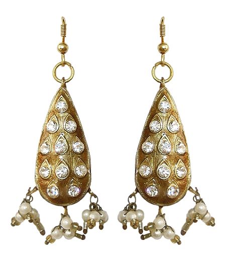 White Stone Studded Golden Dangle Meenakari Earrings