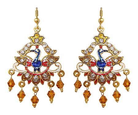 Golden with Red Meenakari Peacock Metal Earrings