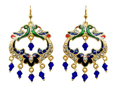 Golden with Blue and Black Meenakari Peacock Metal Hoop Earrings