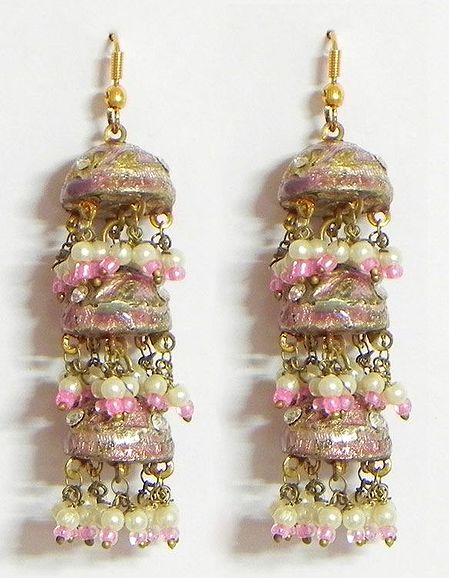 Light Pink with Golden Meenakari Umbrella Earrings