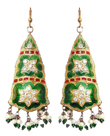 Green with Golden Dangle Lac Earrings