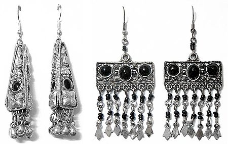Pair of Black Stone Studded Metal Dangle Earrings