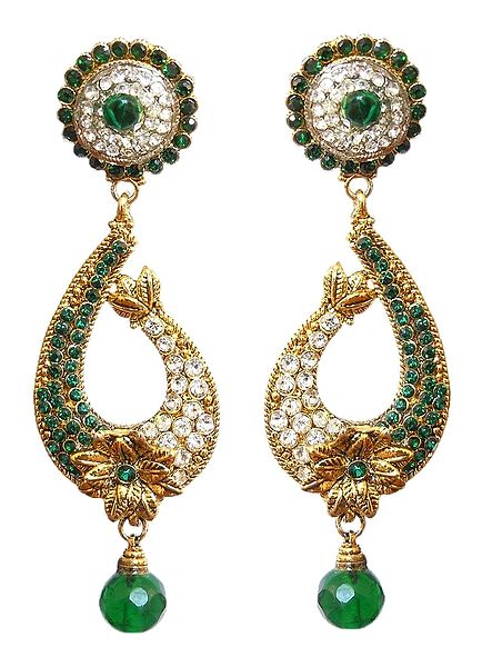 Dangle Earrings Studded with Faux Zirconia and Emerald
