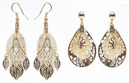 2 Pairs of Golden Metal Dangle Earrings with Crystal Beads