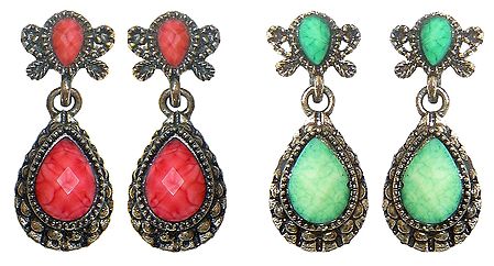 2 Pairs of Stone Studded Oxidised Metal Dangle Earrings