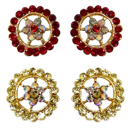 Set of 2 Pairs White and Red Stone Studded Stud Earrings