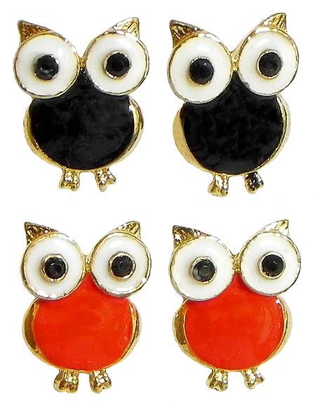 Two Pair of Black and Red Enamelled Owl Earrings