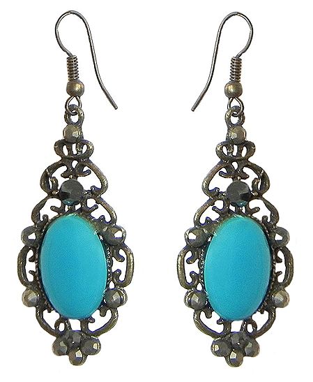 Pair of Oxidized Hook Earrings with Faux Turquoise Stone
