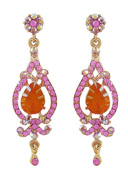 Orange and Magenta Stone Studded Dangle Metal Earrings