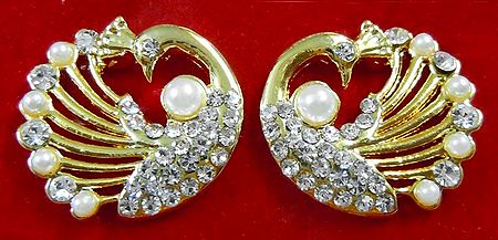 Gold Plated and White Stone Studded Peacock Stud Earrings