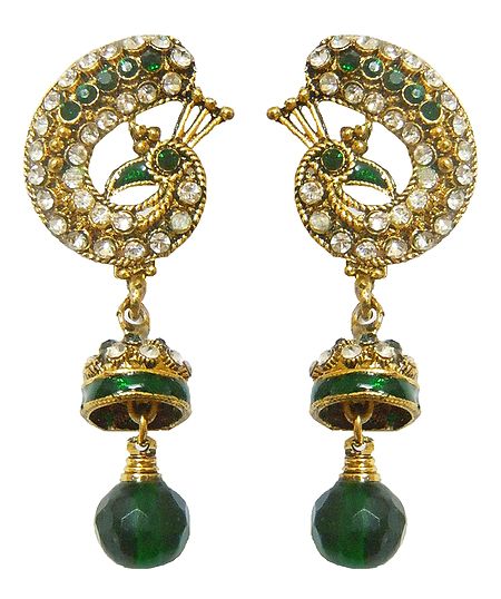 Pair of Green Lacquered with White and Green Stone Studded Peacock Jhumka Earrings