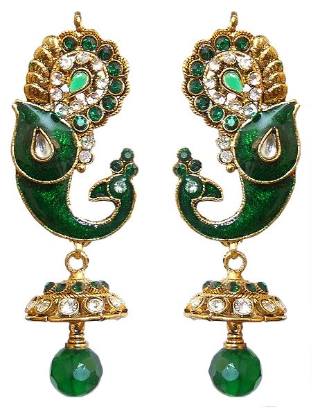 Green Laquered Peacock with Jhumka Earrings Studded with Faux Zirconia and Emerald