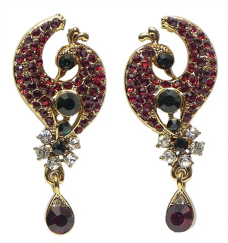 Peacock Earrings Studded with Faux Garnet and Emerald