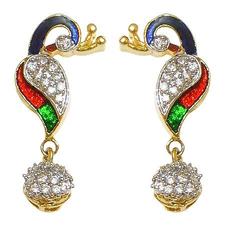 White Stone Studded Lacquered Metal Peacock Earrings