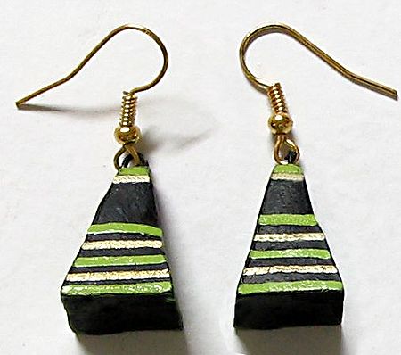 Pyramid - Green and Yellow Painted Black Earrings