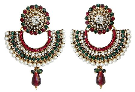 White, Green and Maroon Stone Studded Earrings with White Beads