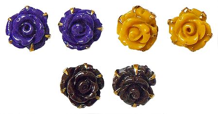 Set of 3 Pairs Purple, Yellow and Brown Rose Earrings