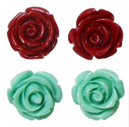 Set of 2 Pairs Red and Cyan Blue Rose Earrings