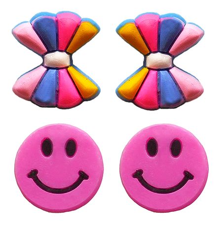 2 Pairs of Rubber Bow and Smiley Stud Earrings