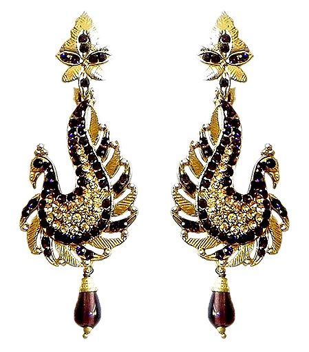 Maroon and Yellow Stone Studded Peacock Post Earrings
