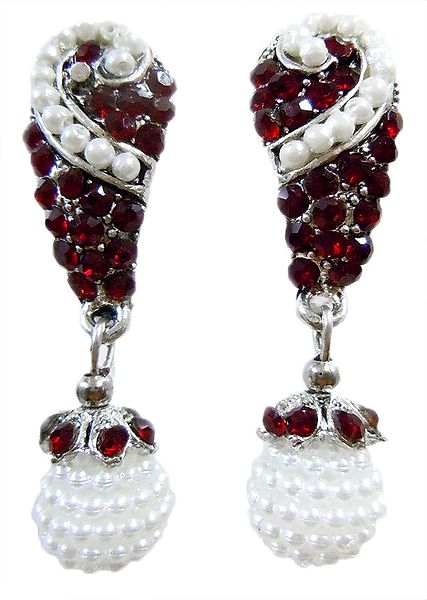 Pair of Faux Garnet with Small White Beaded Ball Dangle Earrings