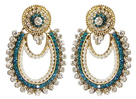 White and Dark Cyan Stone Studded Earrings with White Beads