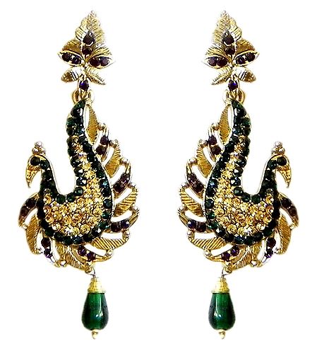 Faux Emerald, Citrine and Garnet Peacock Earrings