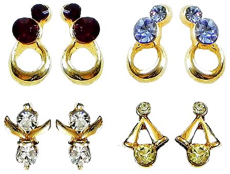 Blue, White, Maroon, Yellow Stone Studded Earrings - Set of 4 Pairs 
